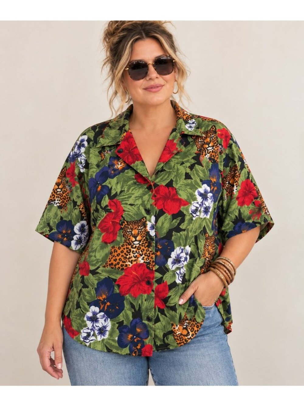 Vintage 90s Caribou New York Women's Leopard Tropical Floral Button Up Shirt 1X